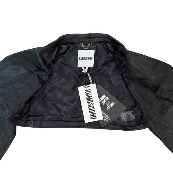 NEW Moschino x H&M Collaboration Cropped Black Leather Moto Jacket - Picture 13 of 14
